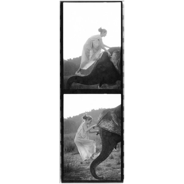 'Kate Moss Climbing on Elephant, Nepal, British Vogue', 1993 | Lenscloud